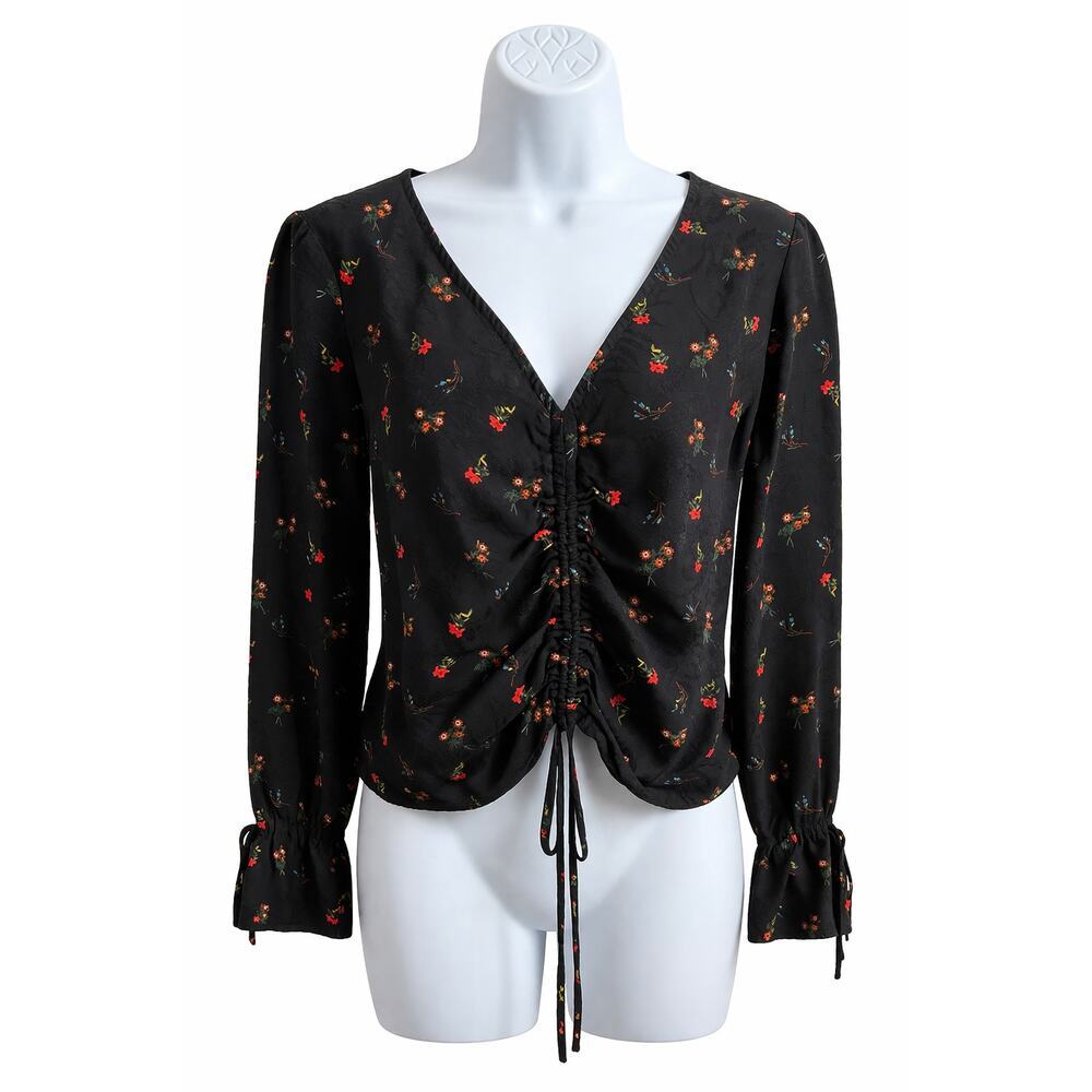 Urban Outfitters Black Floral Cinched Long Sleeve Top Women's M Coquette Crop
